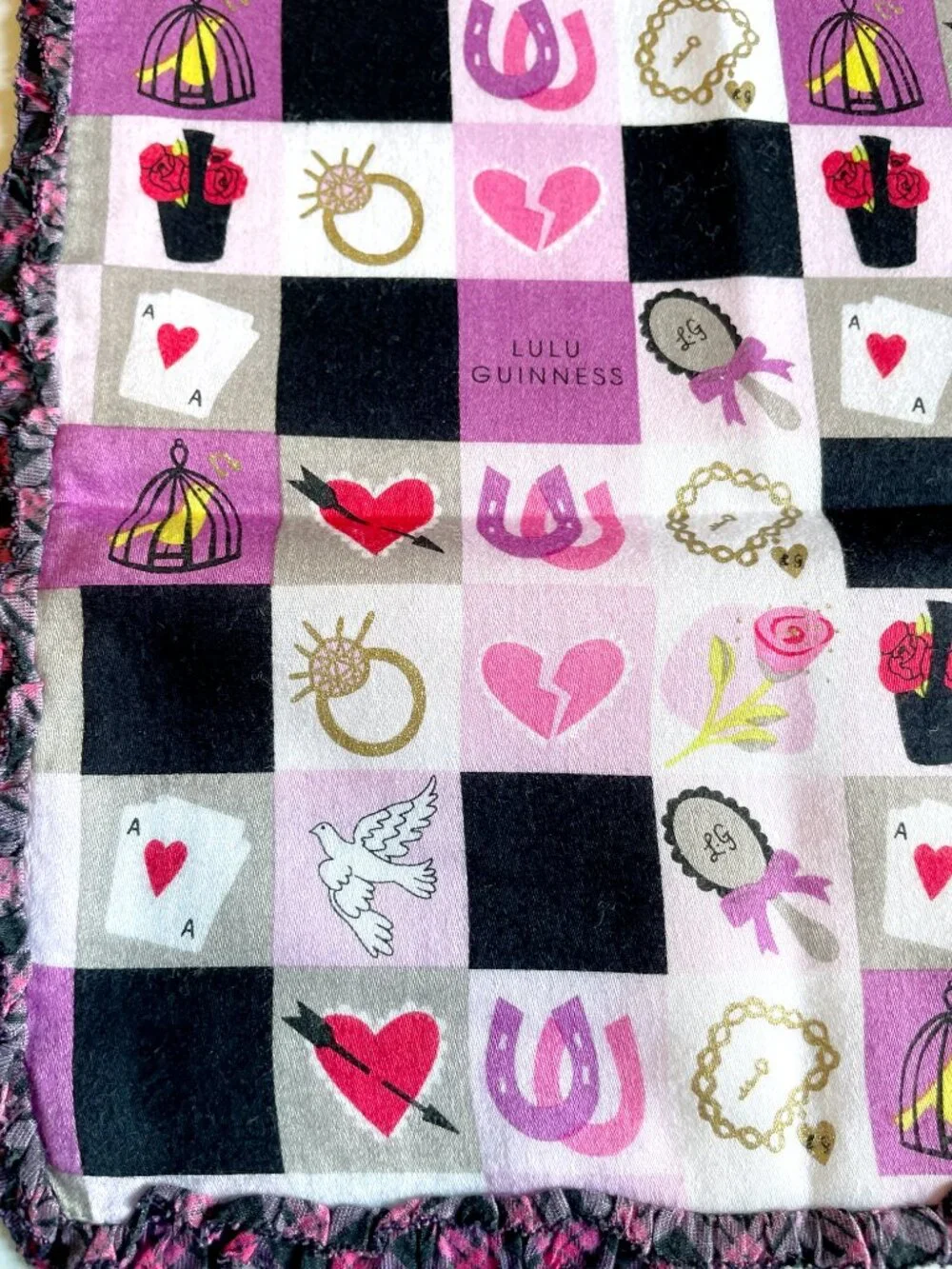 Lulu Guinness London Scarf – Retro Pink Check Pattern, Ruffle Border - Picture 11 of 12